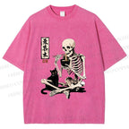 Unisex Midnight Ramen With A Skeleton And Black Cat Printed Washed Tee