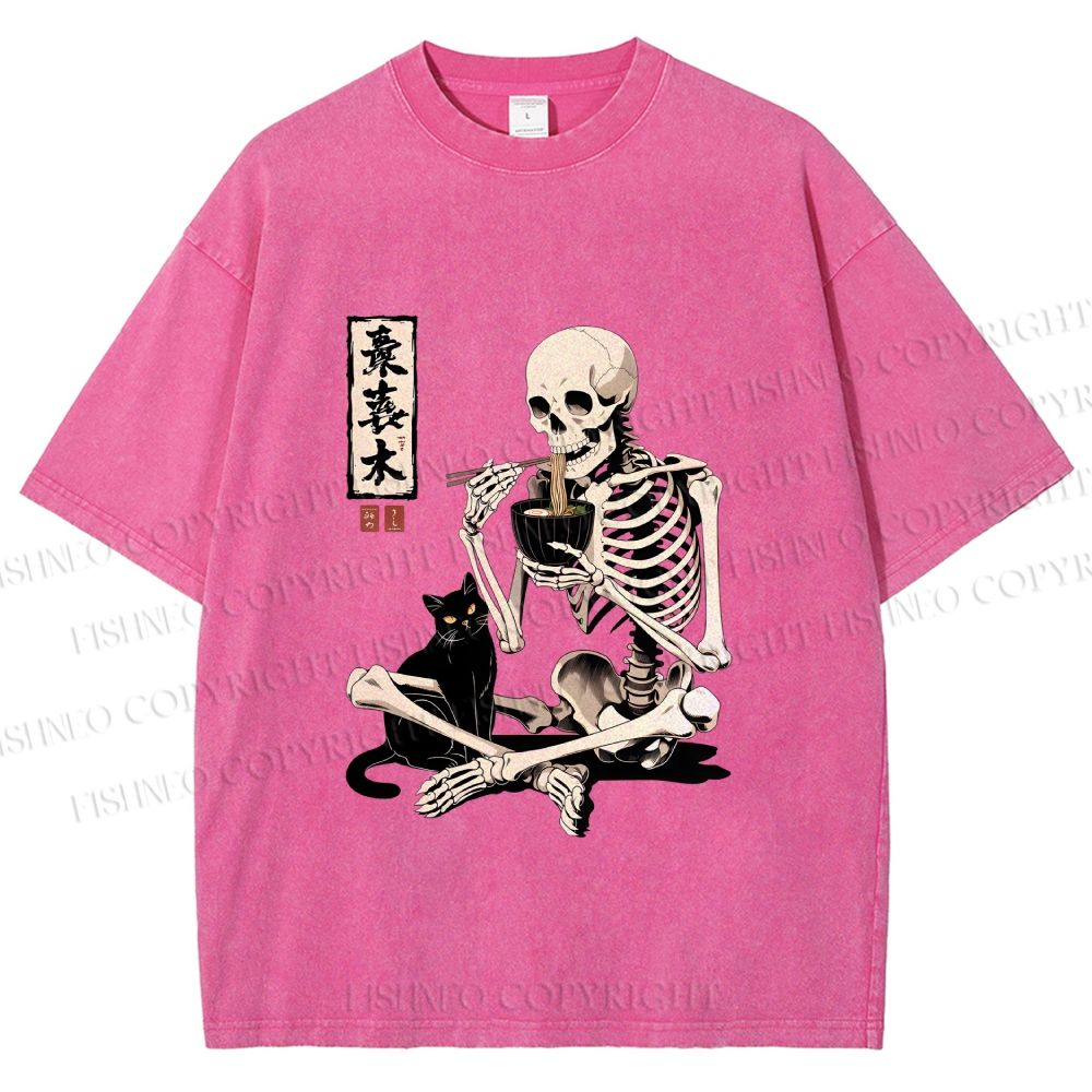 Unisex Midnight Ramen With A Skeleton And Black Cat Printed Washed Tee