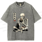 Unisex Midnight Ramen With A Skeleton And Black Cat Printed Washed Tee