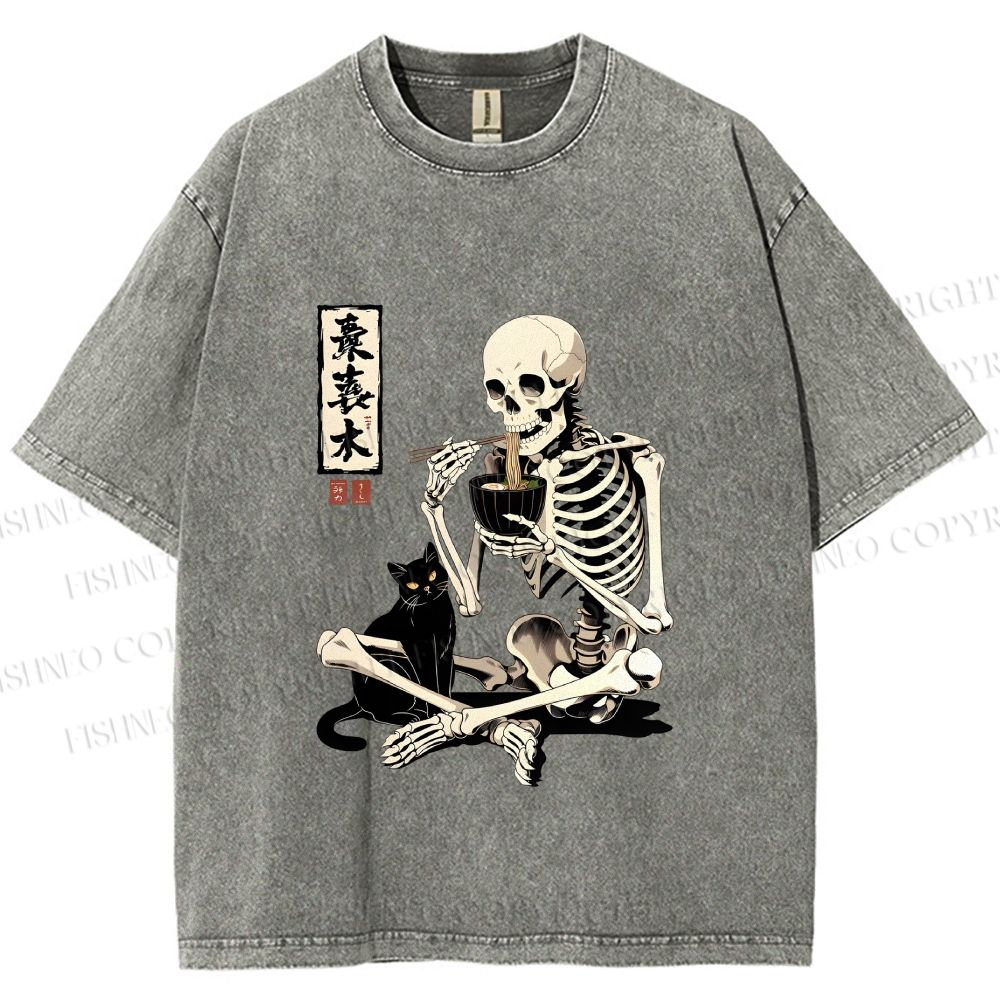 Unisex Midnight Ramen With A Skeleton And Black Cat Printed Washed Tee