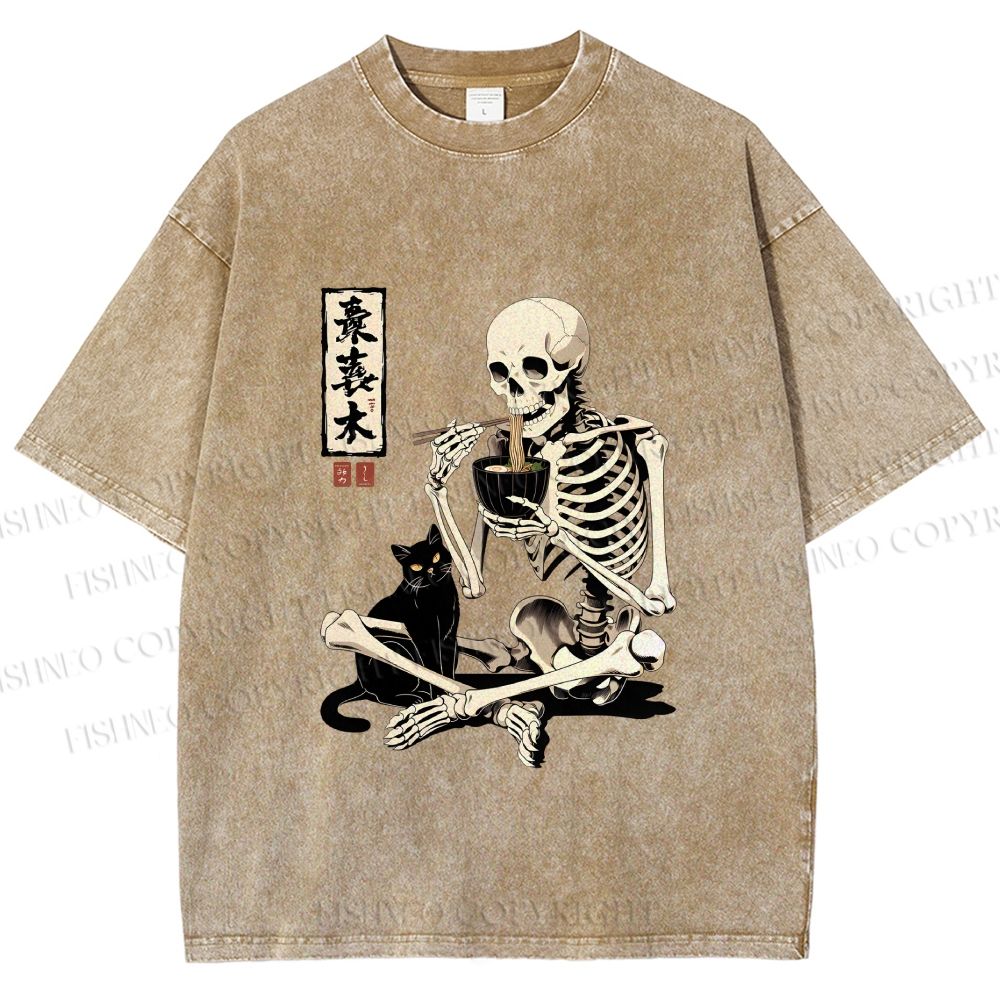 Unisex Midnight Ramen With A Skeleton And Black Cat Printed Washed Tee