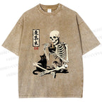 Unisex Midnight Ramen With A Skeleton And Black Cat Printed Washed Tee
