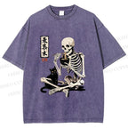 Unisex Midnight Ramen With A Skeleton And Black Cat Printed Washed Tee