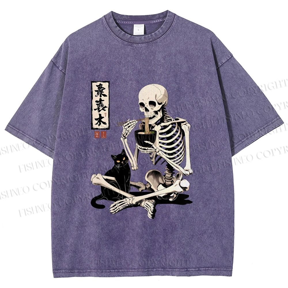 Unisex Midnight Ramen With A Skeleton And Black Cat Printed Washed Tee
