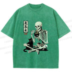Unisex Midnight Ramen With A Skeleton And Black Cat Printed Washed Tee