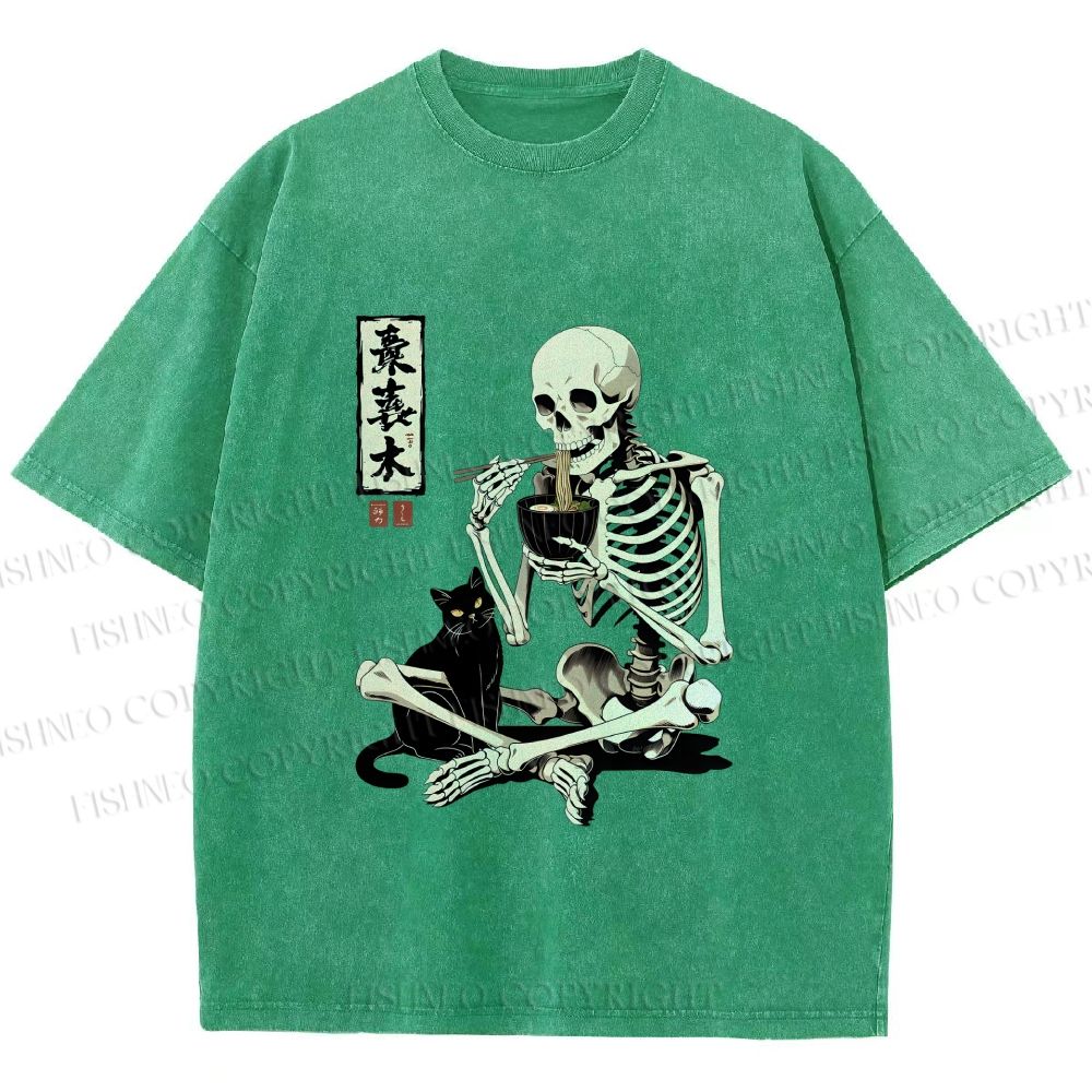Unisex Midnight Ramen With A Skeleton And Black Cat Printed Washed Tee