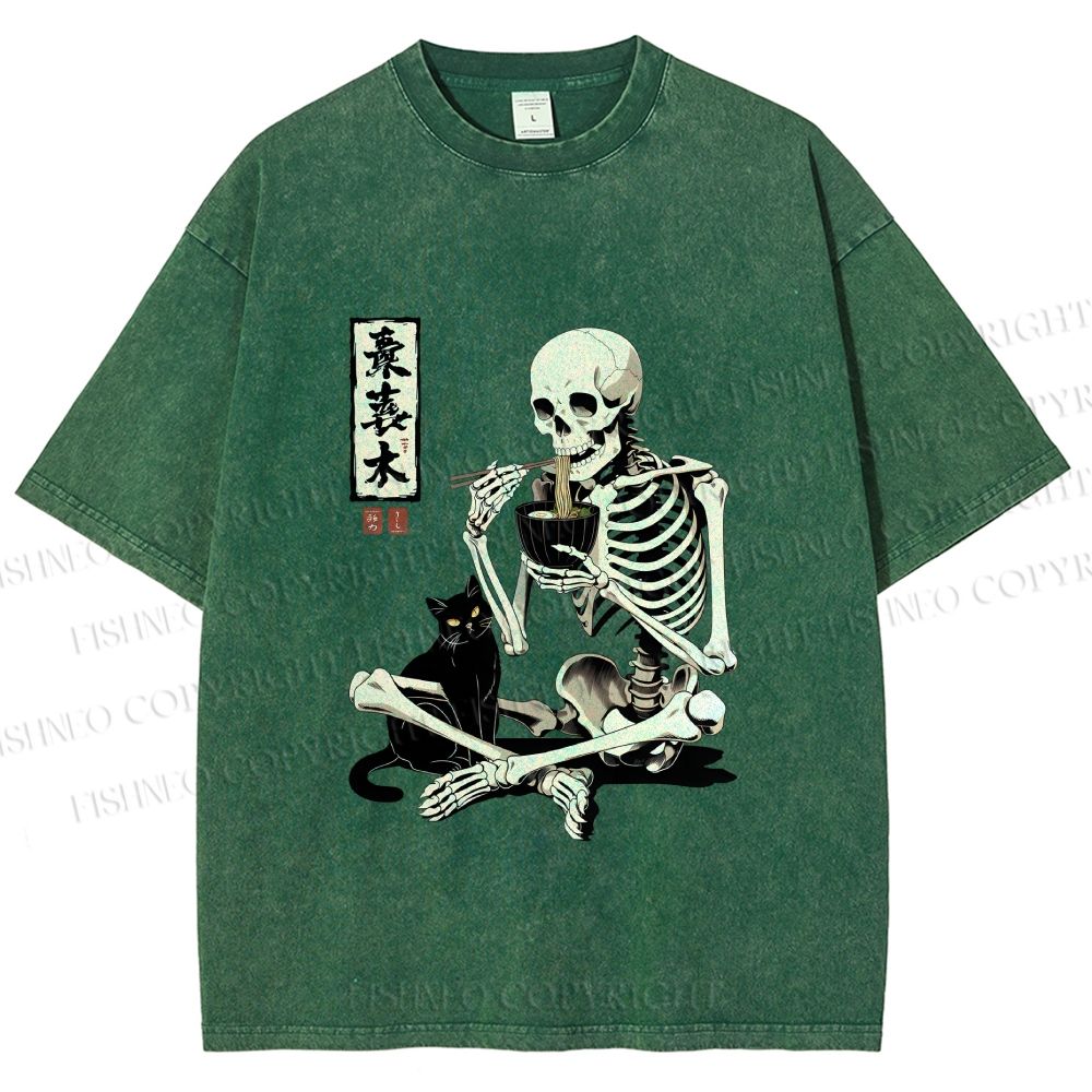 Unisex Midnight Ramen With A Skeleton And Black Cat Printed Washed Tee