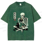 Unisex Midnight Ramen With A Skeleton And Black Cat Printed Washed Tee