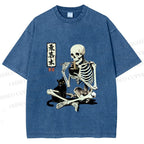 Unisex Midnight Ramen With A Skeleton And Black Cat Printed Washed Tee