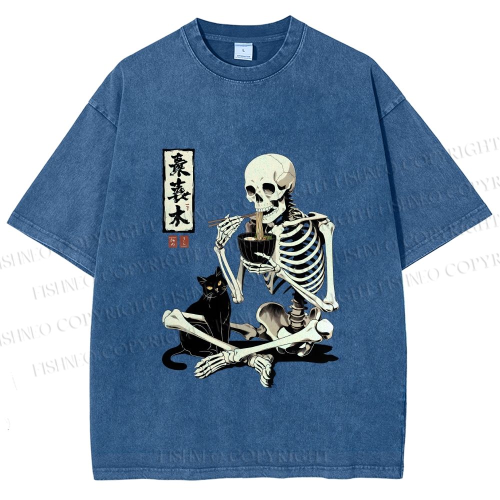 Unisex Midnight Ramen With A Skeleton And Black Cat Printed Washed Tee