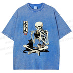 Unisex Midnight Ramen With A Skeleton And Black Cat Printed Washed Tee