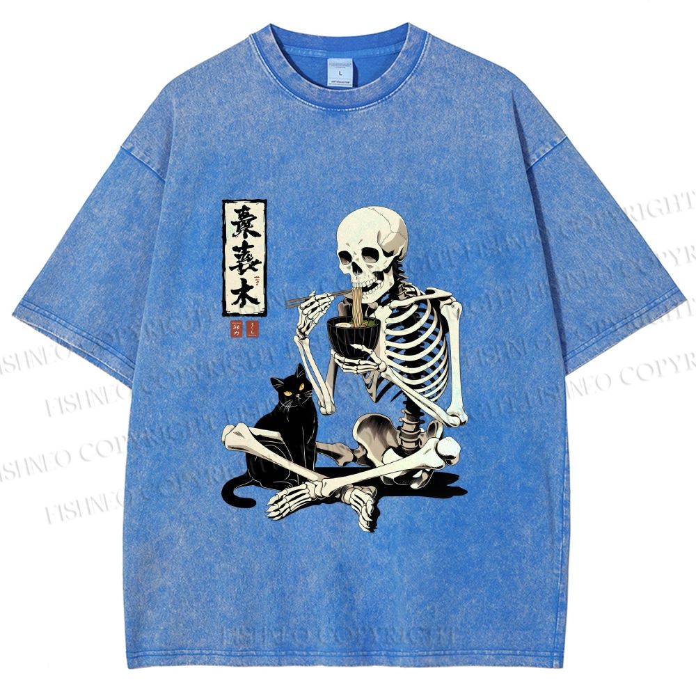 Unisex Midnight Ramen With A Skeleton And Black Cat Printed Washed Tee