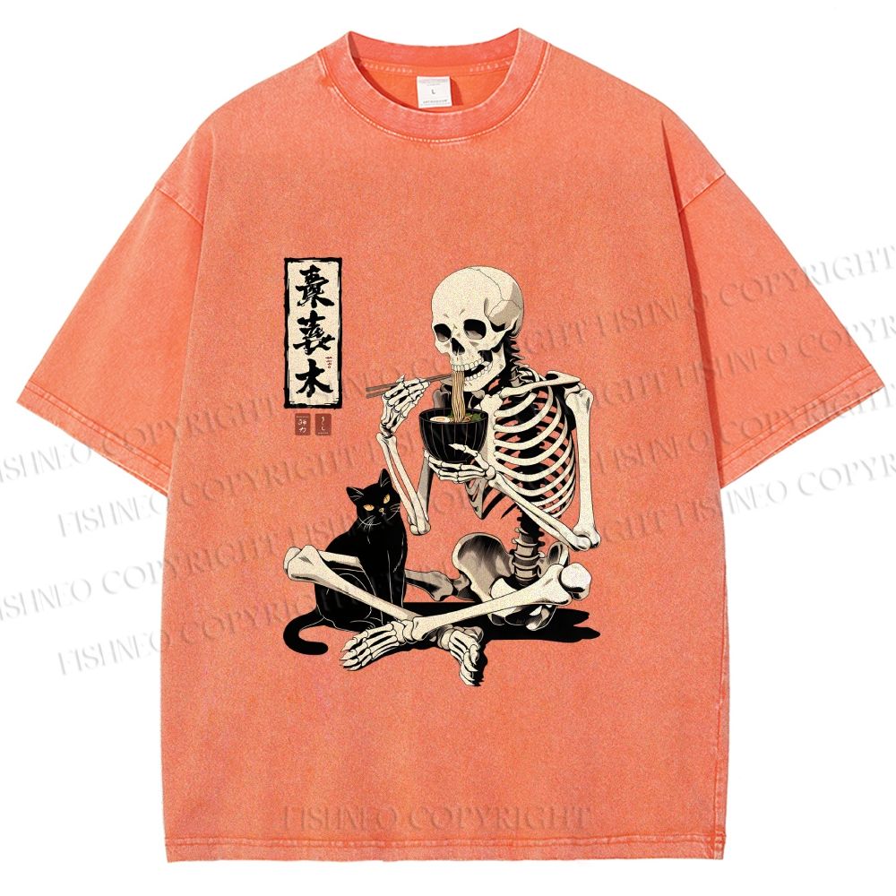 Unisex Midnight Ramen With A Skeleton And Black Cat Printed Washed Tee