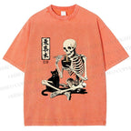 Unisex Midnight Ramen With A Skeleton And Black Cat Printed Washed Tee