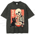 Unisex Midnight Ramen With A Skeleton And Black Cat Printed Washed Tee
