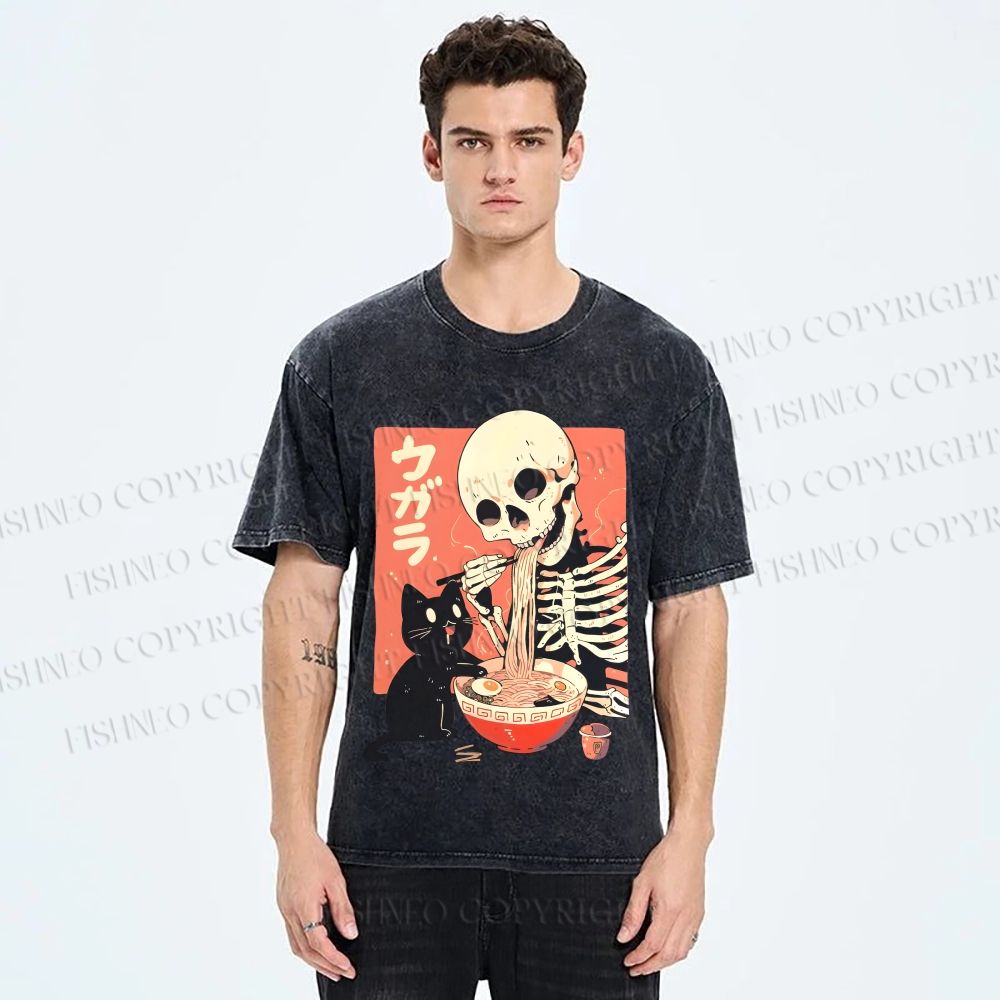 Unisex Midnight Ramen With A Skeleton And Black Cat Printed Washed Tee