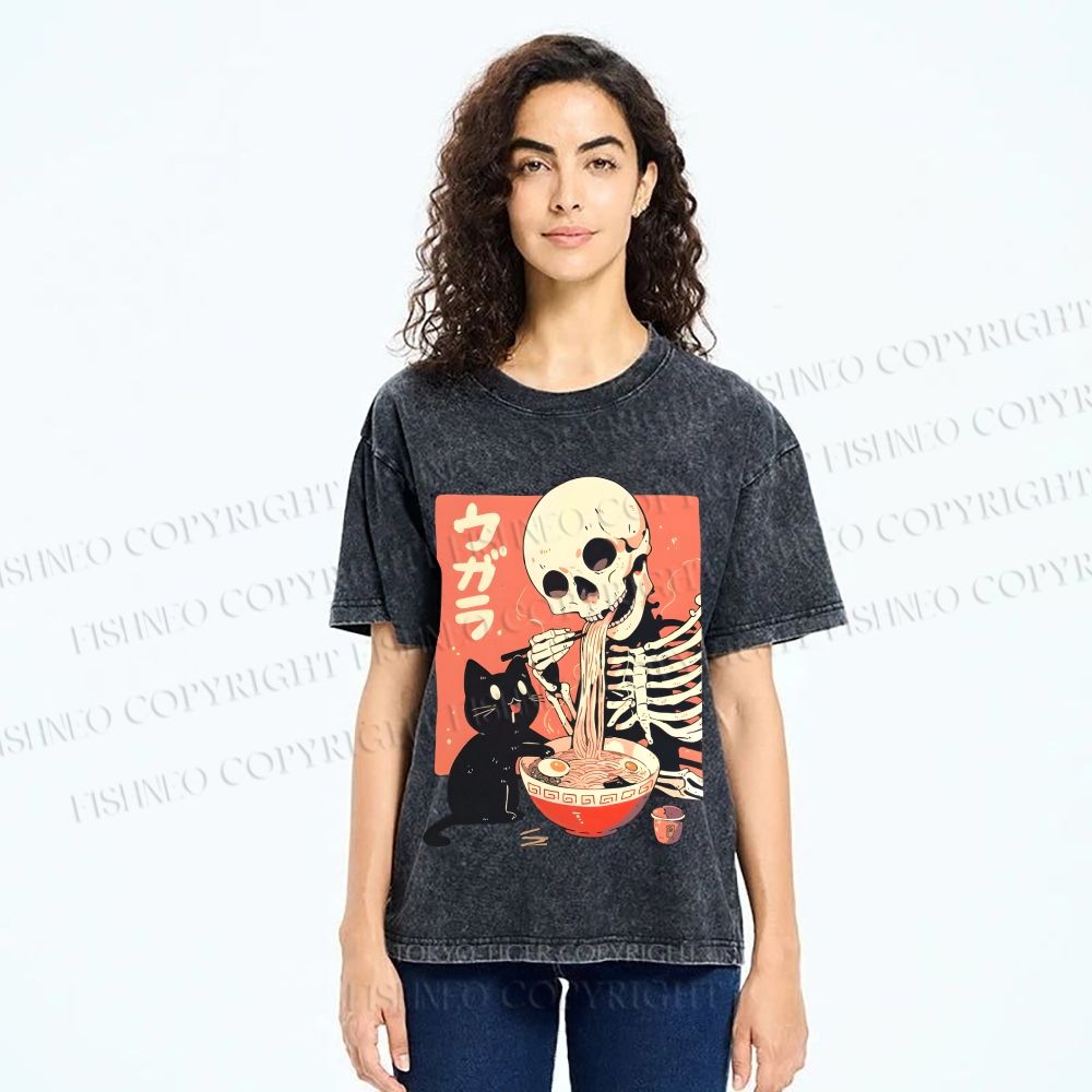 Unisex Midnight Ramen With A Skeleton And Black Cat Printed Washed Tee