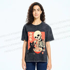 Unisex Midnight Ramen With A Skeleton And Black Cat Printed Washed Tee