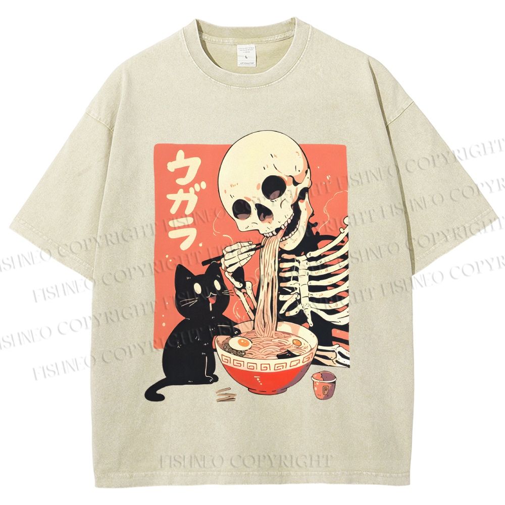 Unisex Midnight Ramen With A Skeleton And Black Cat Printed Washed Tee