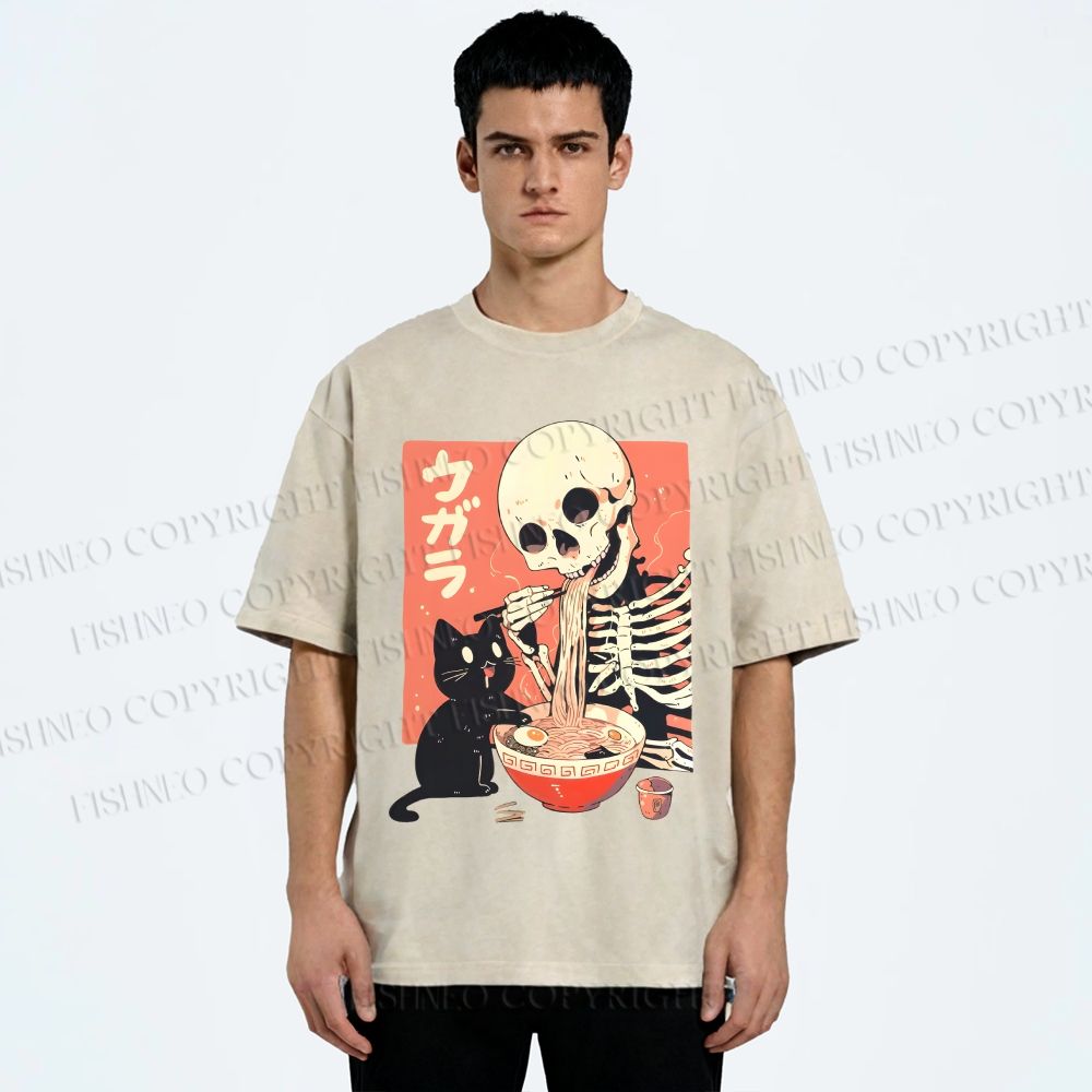 Unisex Midnight Ramen With A Skeleton And Black Cat Printed Washed Tee