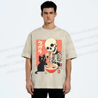 Unisex Midnight Ramen With A Skeleton And Black Cat Printed Washed Tee