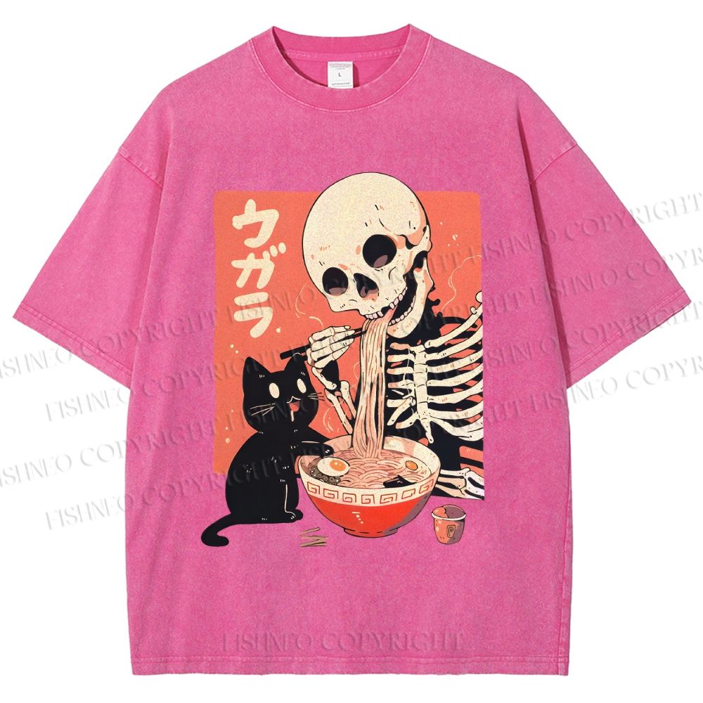 Unisex Midnight Ramen With A Skeleton And Black Cat Printed Washed Tee