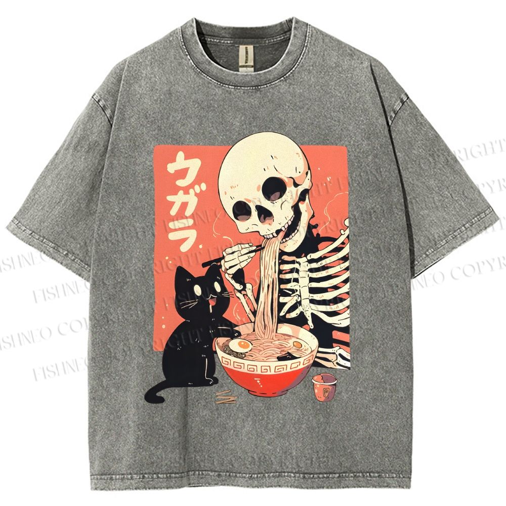 Unisex Midnight Ramen With A Skeleton And Black Cat Printed Washed Tee