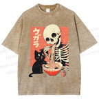 Unisex Midnight Ramen With A Skeleton And Black Cat Printed Washed Tee