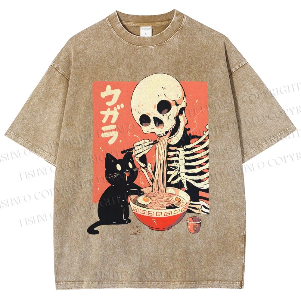 Unisex Midnight Ramen With A Skeleton And Black Cat Printed Washed Tee