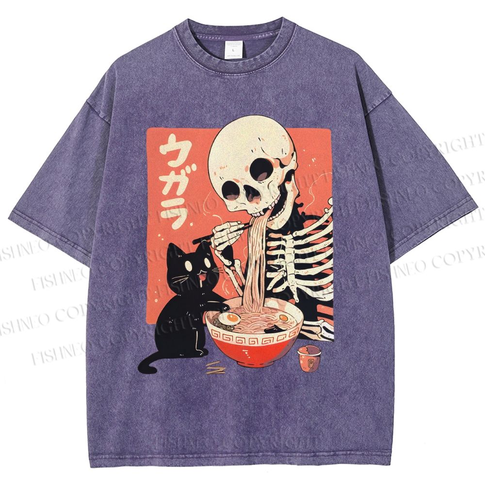 Unisex Midnight Ramen With A Skeleton And Black Cat Printed Washed Tee