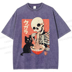 Unisex Midnight Ramen With A Skeleton And Black Cat Printed Washed Tee