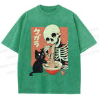 Unisex Midnight Ramen With A Skeleton And Black Cat Printed Washed Tee