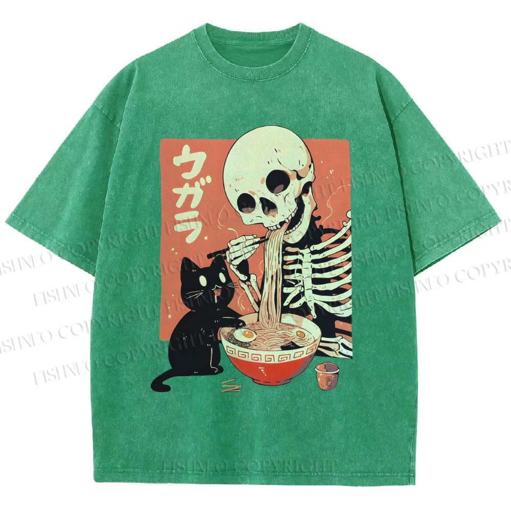 Unisex Midnight Ramen With A Skeleton And Black Cat Printed Washed Tee