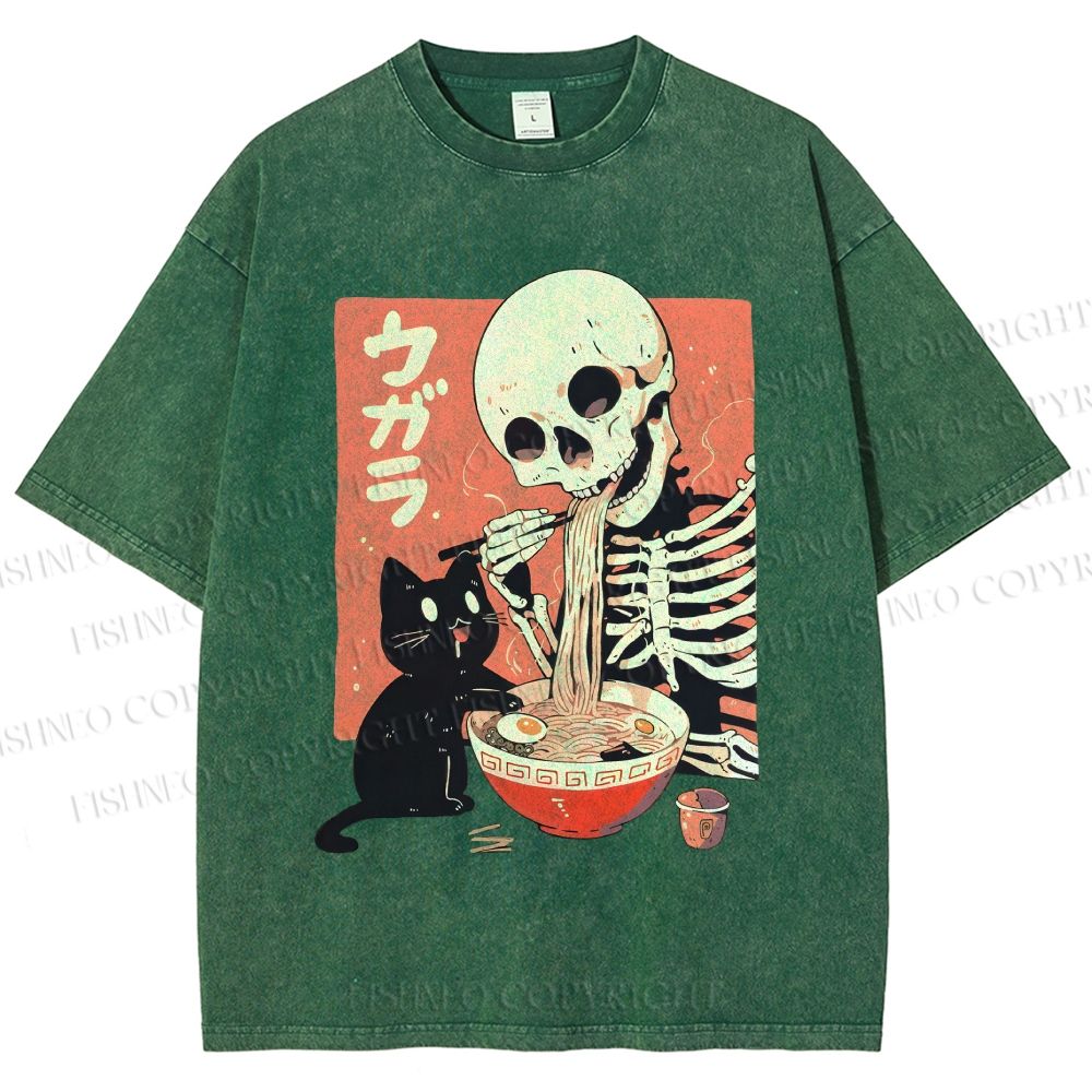 Unisex Midnight Ramen With A Skeleton And Black Cat Printed Washed Tee