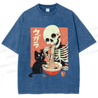 Unisex Midnight Ramen With A Skeleton And Black Cat Printed Washed Tee