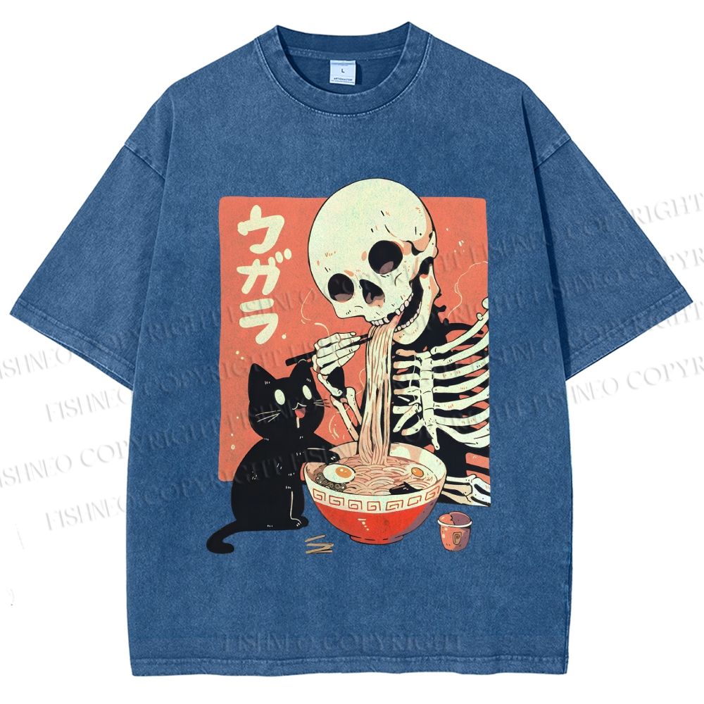 Unisex Midnight Ramen With A Skeleton And Black Cat Printed Washed Tee
