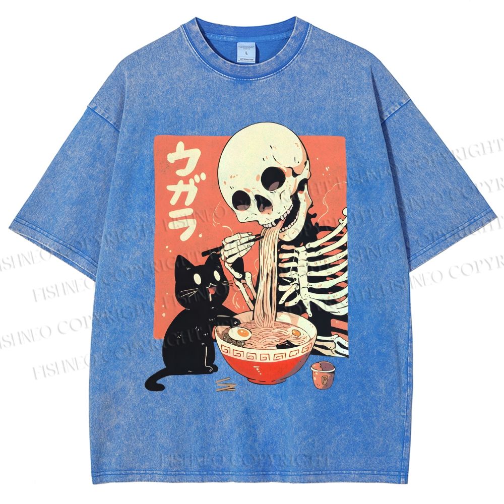 Unisex Midnight Ramen With A Skeleton And Black Cat Printed Washed Tee