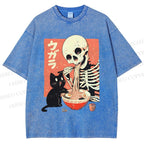 Unisex Midnight Ramen With A Skeleton And Black Cat Printed Washed Tee