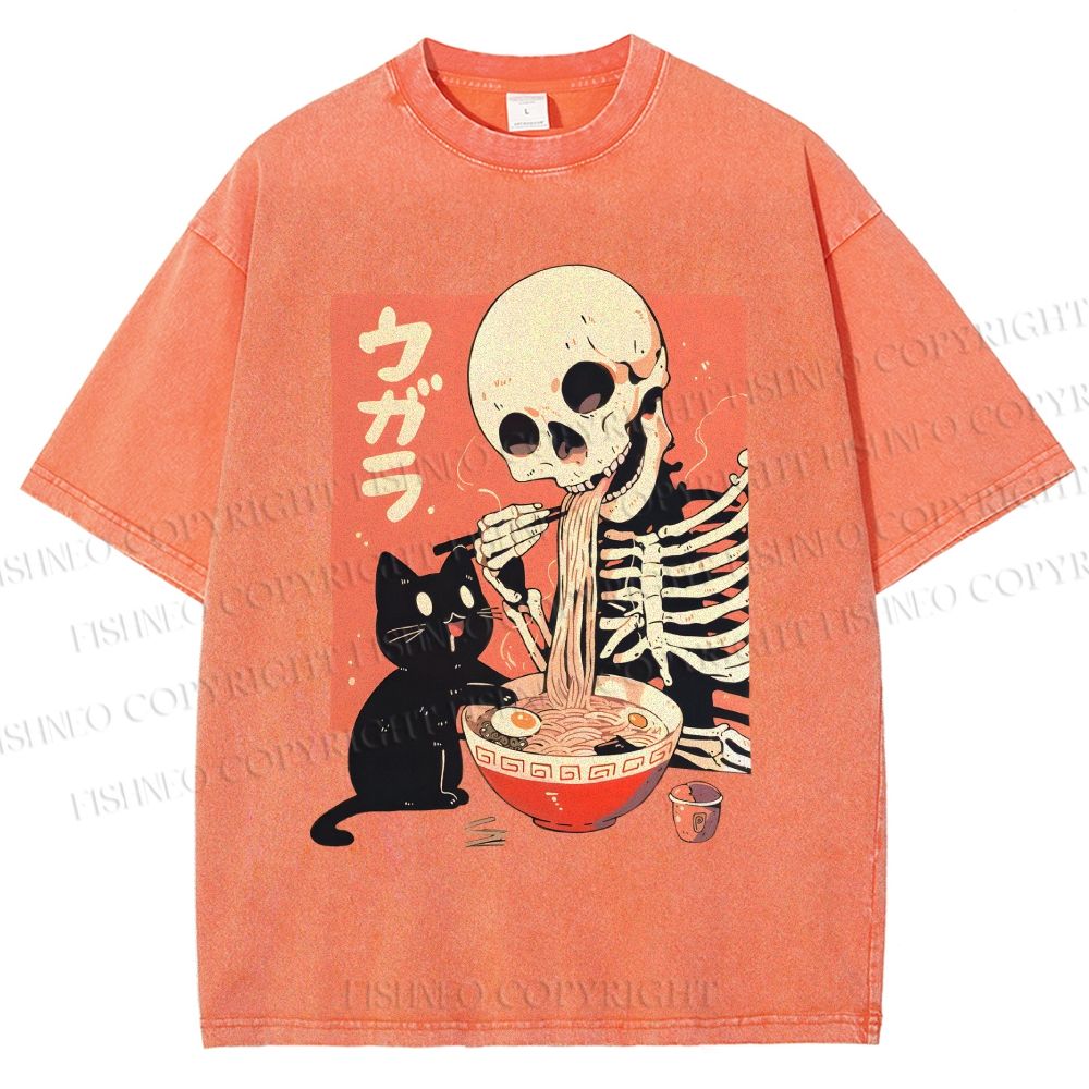 Unisex Midnight Ramen With A Skeleton And Black Cat Printed Washed Tee