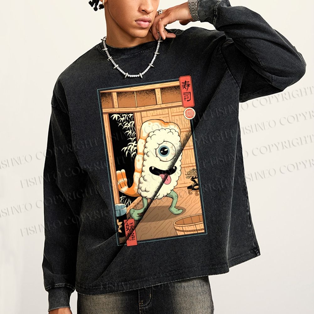 Unisex Casual Washed Yokai Sushi In Edo Printed Long Sleeve T-shirt