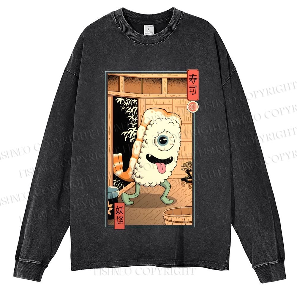 Unisex Casual Washed Yokai Sushi In Edo Printed Long Sleeve T-shirt