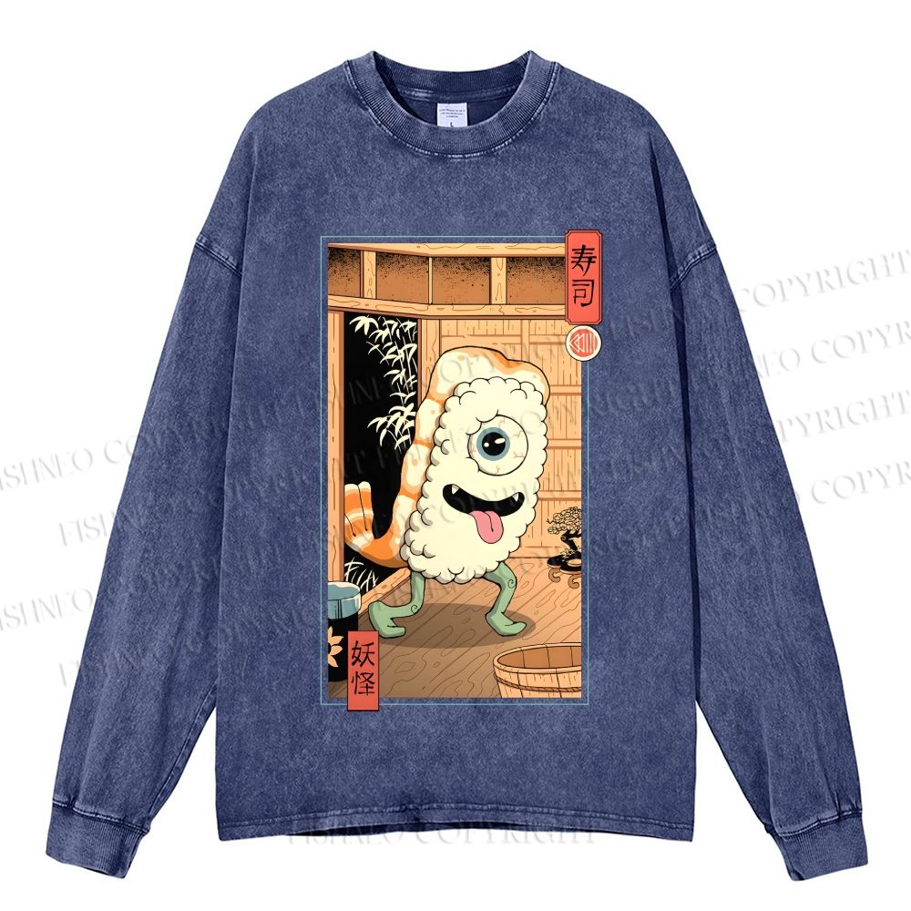 Unisex Casual Washed Yokai Sushi In Edo Printed Long Sleeve T-shirt