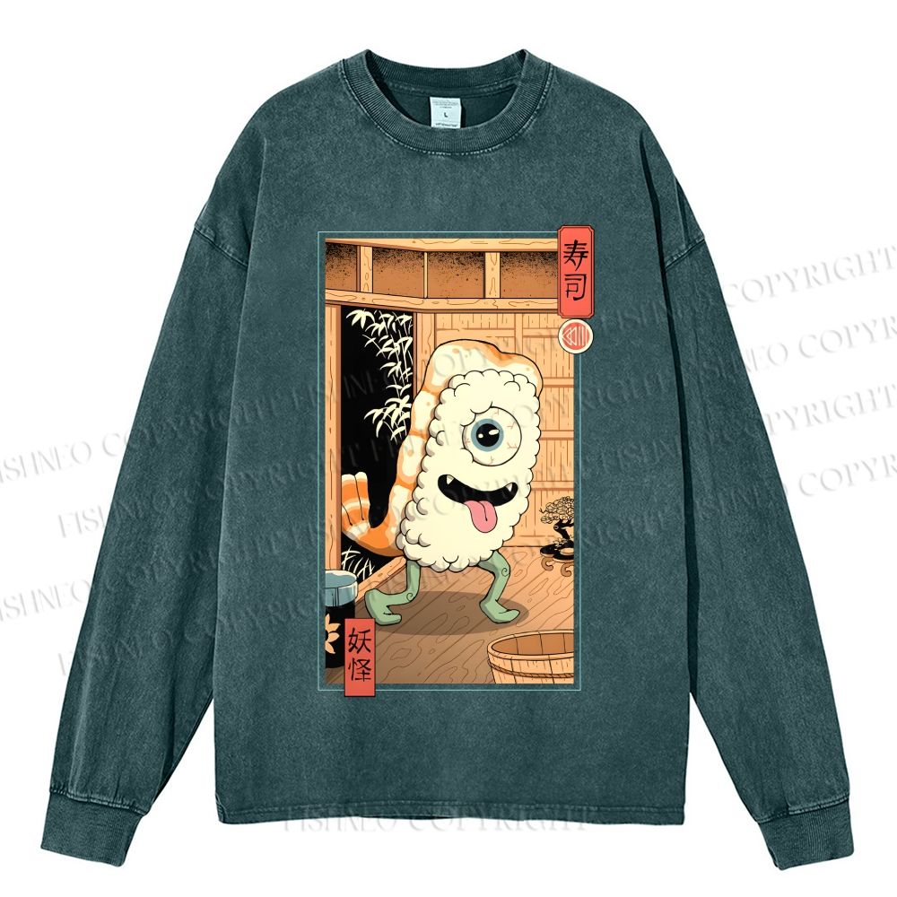 Unisex Casual Washed Yokai Sushi In Edo Printed Long Sleeve T-shirt