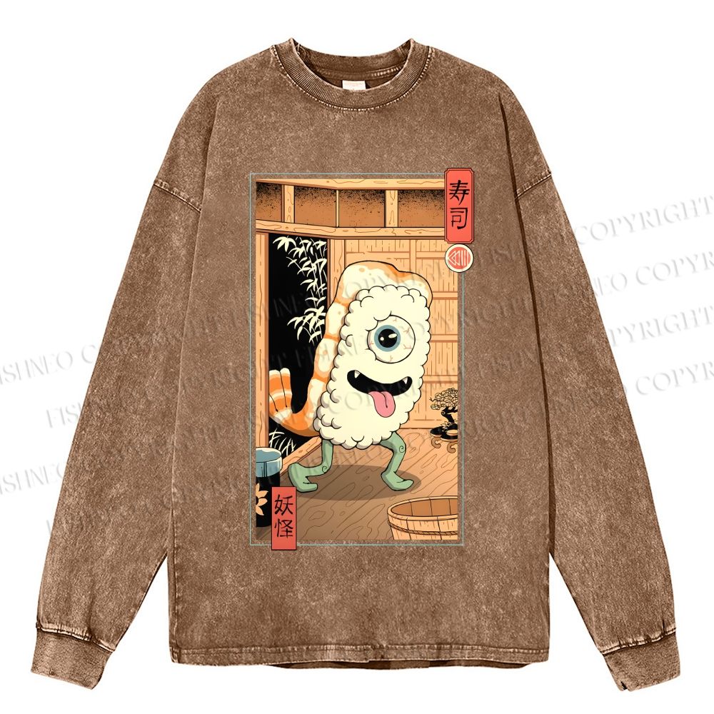 Unisex Casual Washed Yokai Sushi In Edo Printed Long Sleeve T-shirt