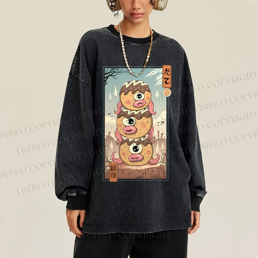Unisex Casual Washed Yokai Takoyaki In Edo Printed Long Sleeve T-shirt