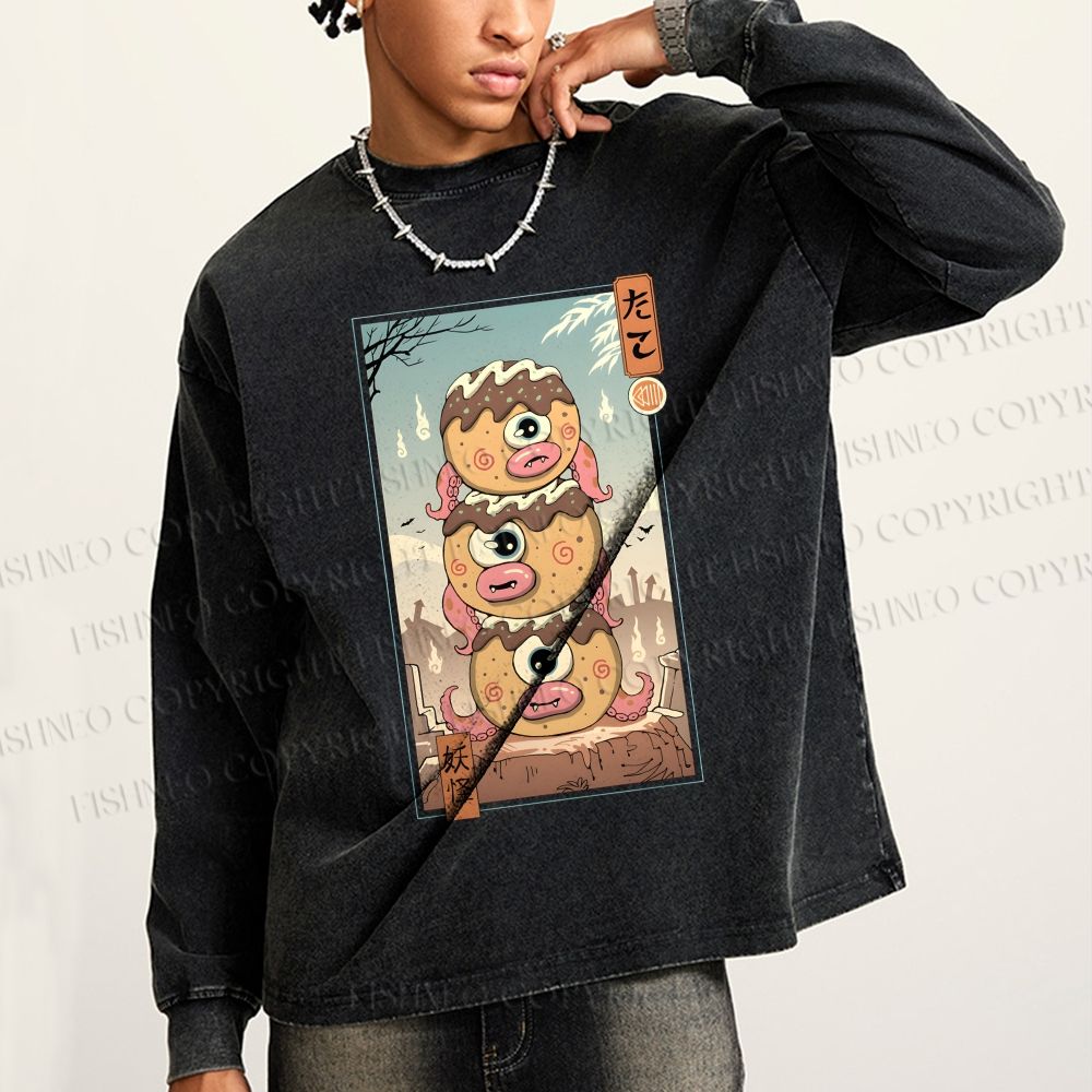 Unisex Casual Washed Yokai Takoyaki In Edo Printed Long Sleeve T-shirt