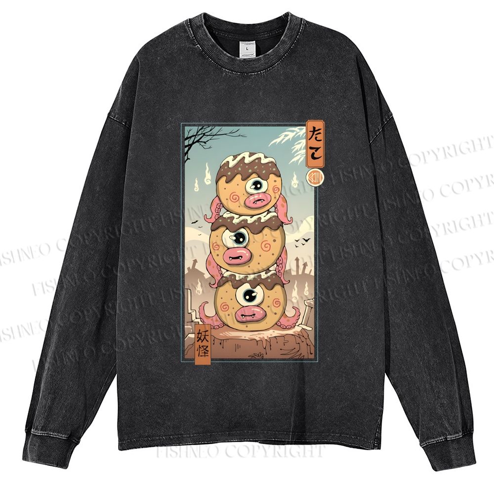 Unisex Casual Washed Yokai Takoyaki In Edo Printed Long Sleeve T-shirt