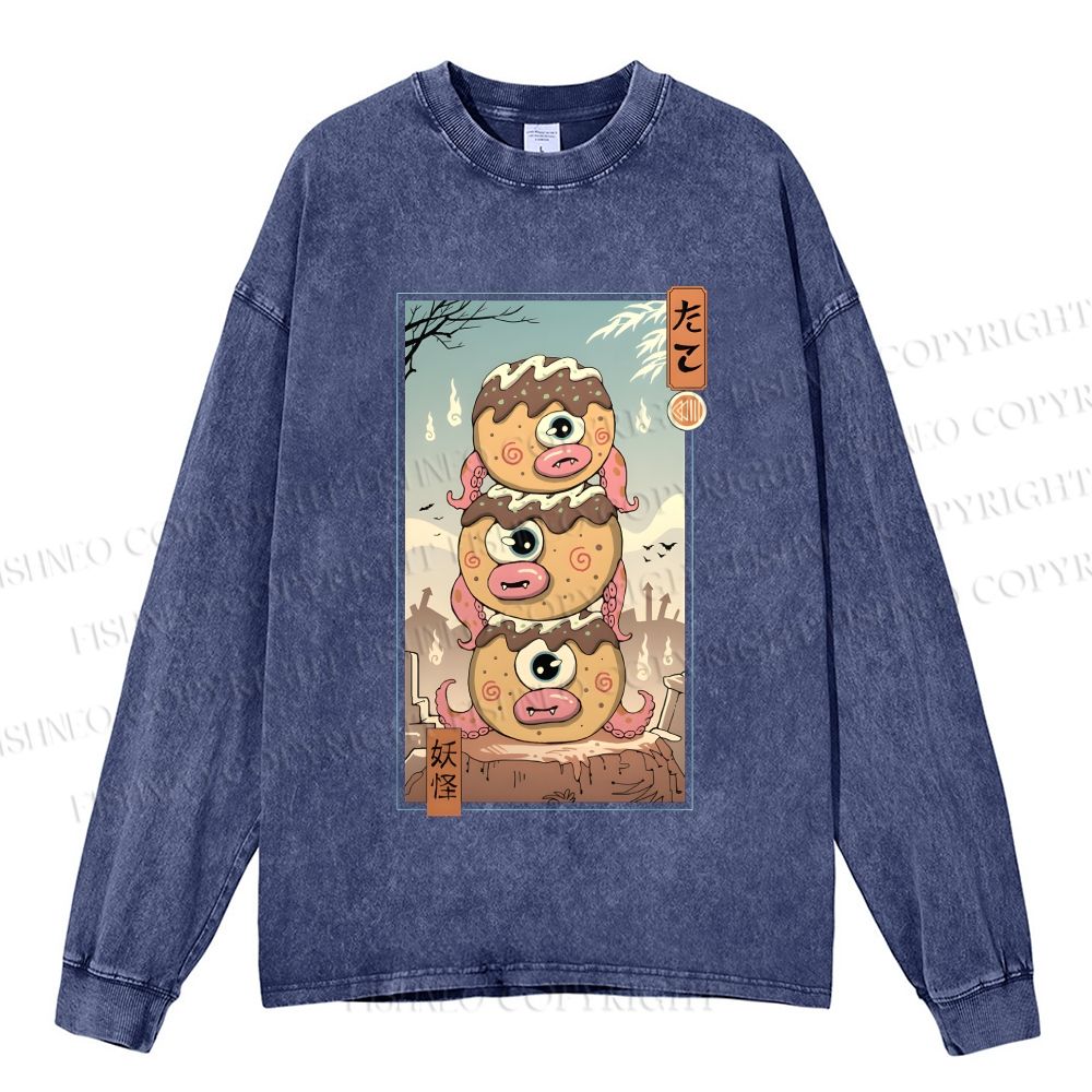 Unisex Casual Washed Yokai Takoyaki In Edo Printed Long Sleeve T-shirt