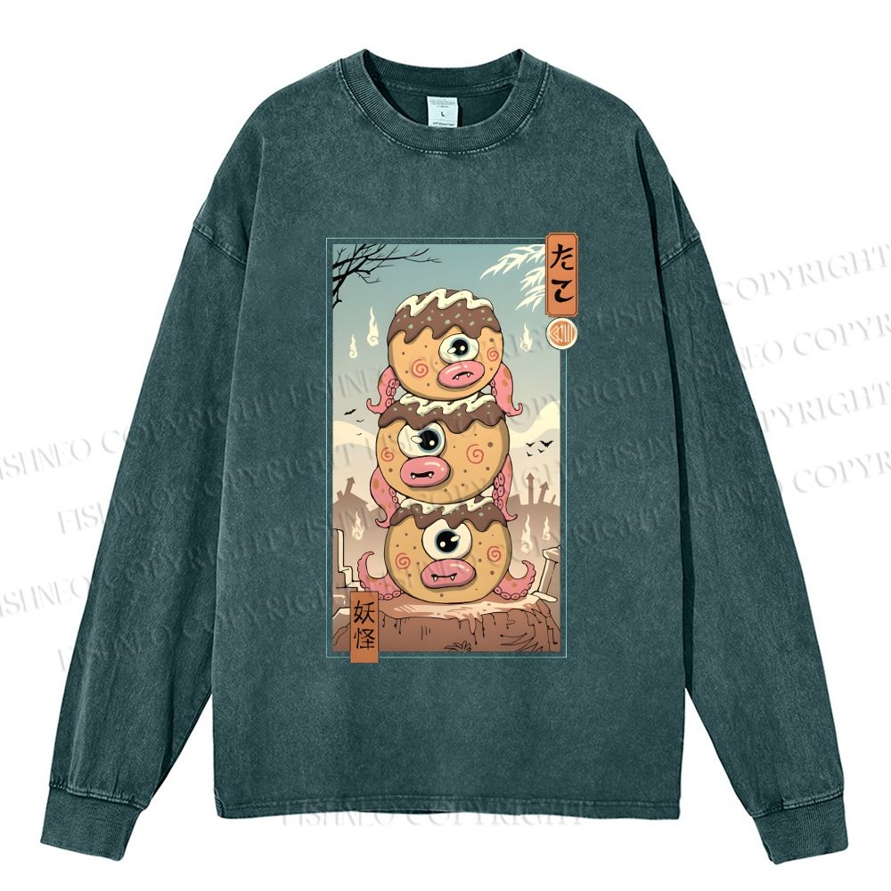 Unisex Casual Washed Yokai Takoyaki In Edo Printed Long Sleeve T-shirt