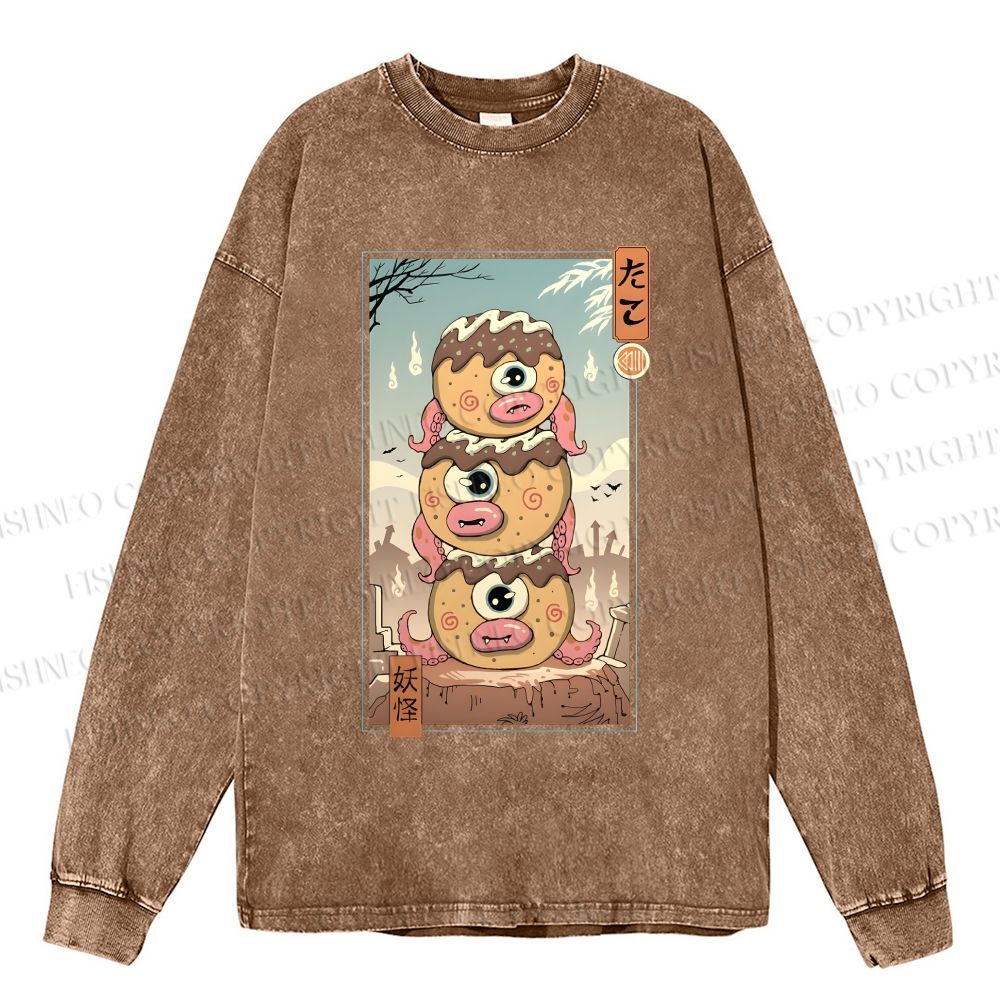 Unisex Casual Washed Yokai Takoyaki In Edo Printed Long Sleeve T-shirt